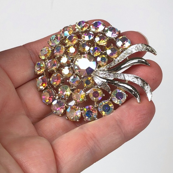 Vtg 50s Arthur Pepper Brooch Aurora Borealis Rhinestone Gold Tone Floral Spray - Picture 3 of 9